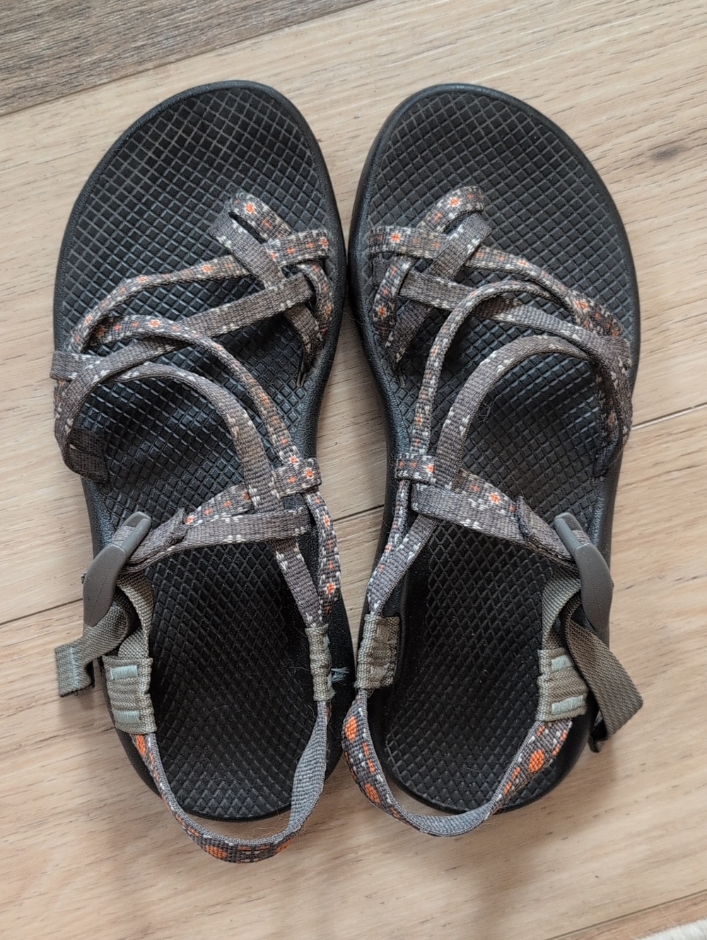 Chaco Women's Strappy Sandals in Black and Gray with Orange Accents